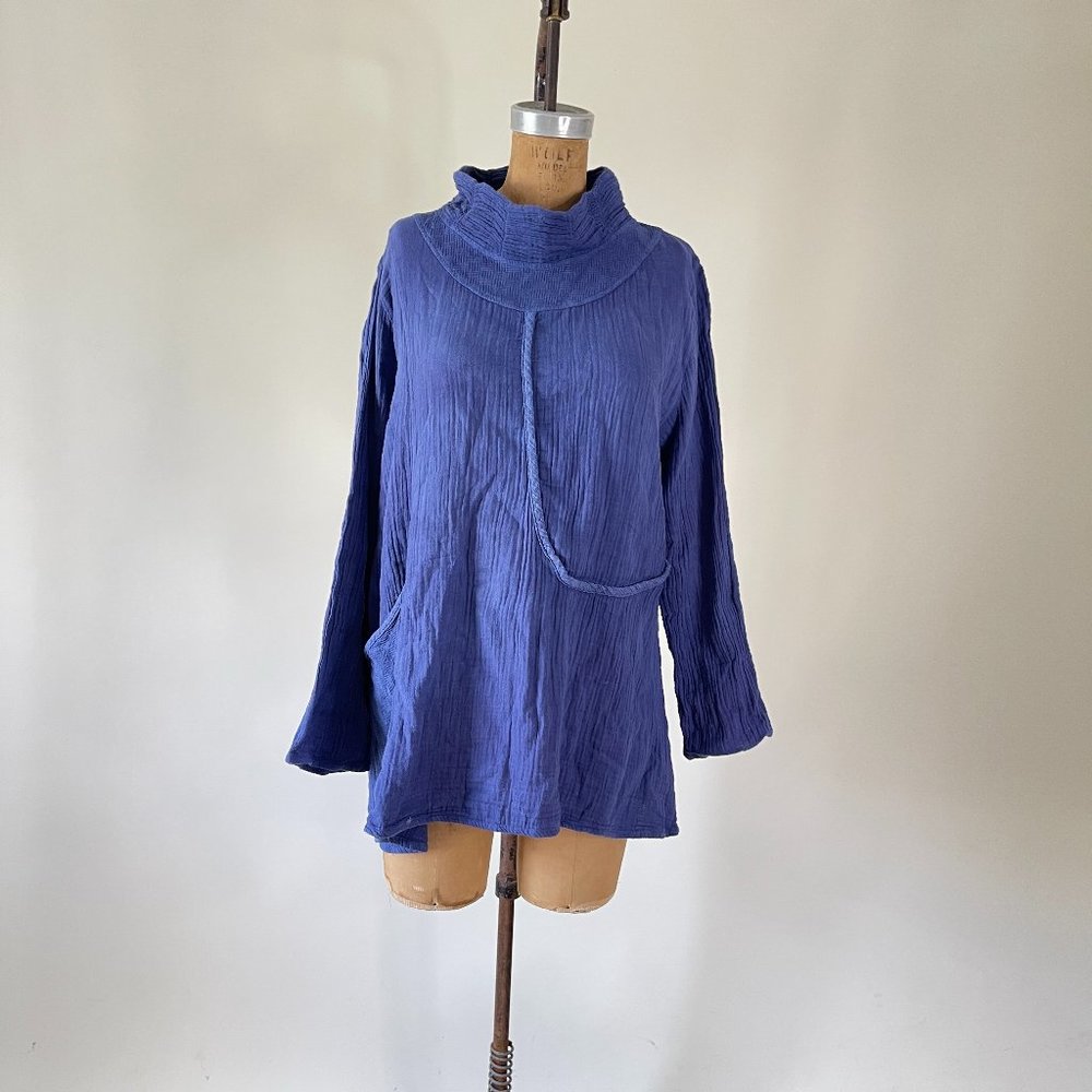 Zumi Blue Gauzy Cotton Lagenlook Mock Neck Pullover Top Size M